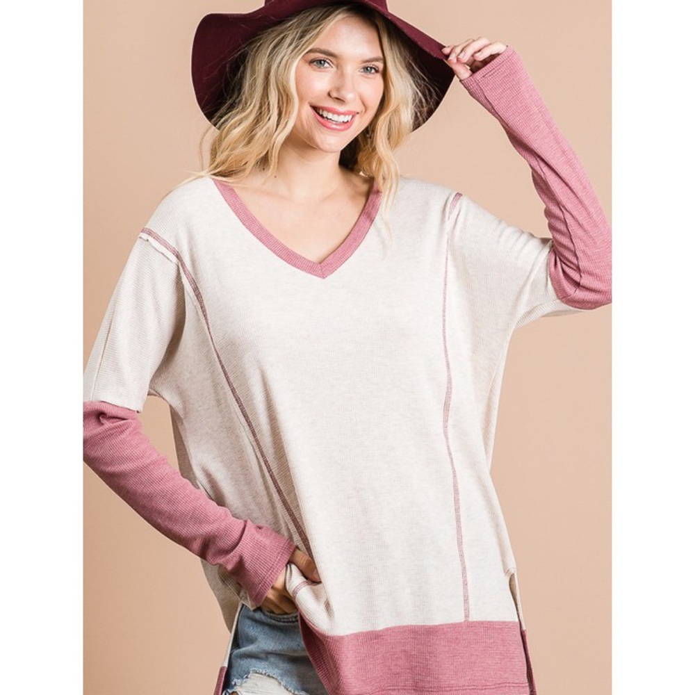 Fall Waffle Knit V-Neck Top Casual Fall Tops Cute Slouchy Tops